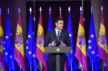 19/03/2019. Sánchez pronuncia la conferencia "Proteger el ideal de Europa". El presidente del Gobierno, Pedro Sánchez, durante su intervenci...