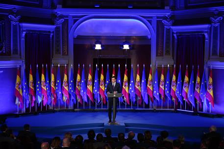 19/03/2019. Sánchez pronuncia la conferencia "Proteger el ideal de Europa". El presidente del Gobierno, Pedro Sánchez, durante su intervenci...