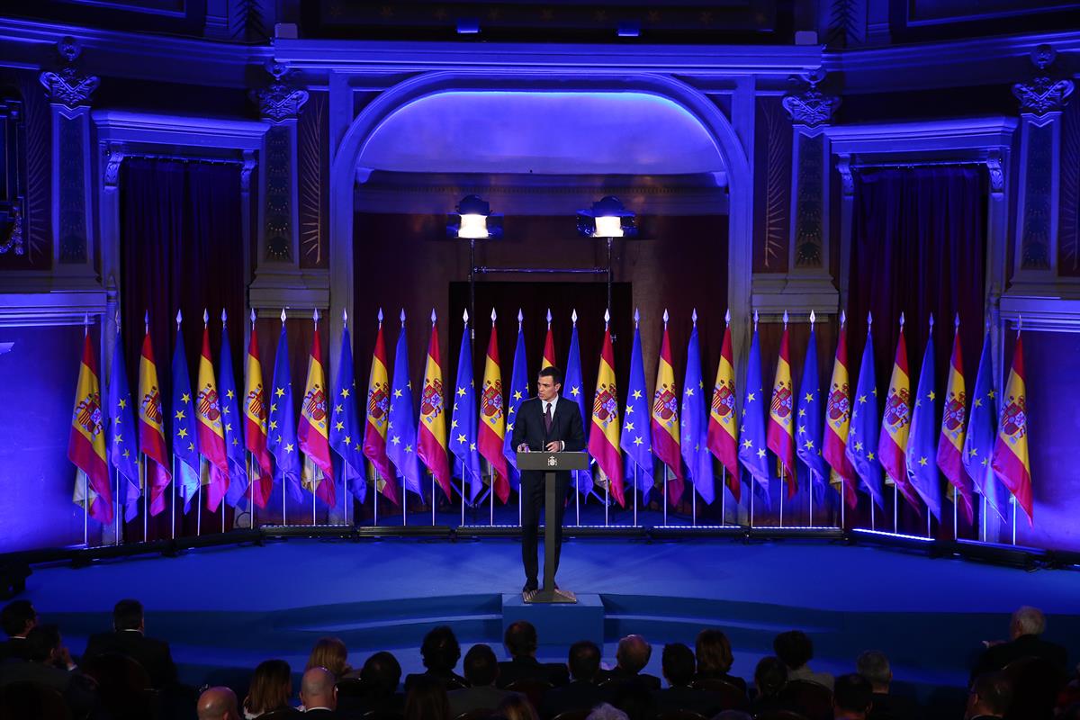 19/03/2019. Sánchez pronuncia la conferencia "Proteger el ideal de Europa". El presidente del Gobierno, Pedro Sánchez, durante su intervenci...