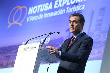 21/01/2019. Sánchez inaugura el V Foro de Innovación Turística. El presidente del Gobierno, Pedro Sánchez, durante su intervención en la ina...