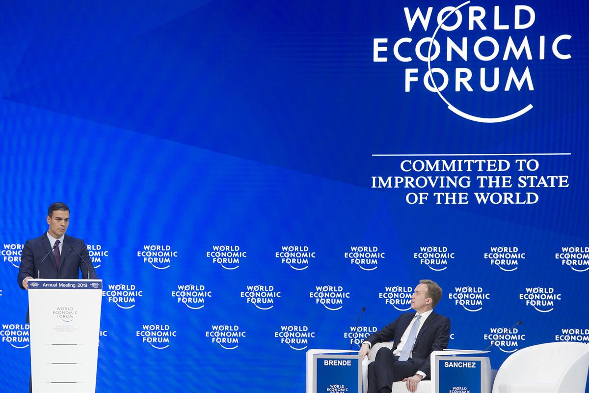 23/01/2019. Pedro Sánchez participa en el Foro Económico Mundial de Davos. El presidente del Gobierno, Pedro Sánchez, durante su intervenció...