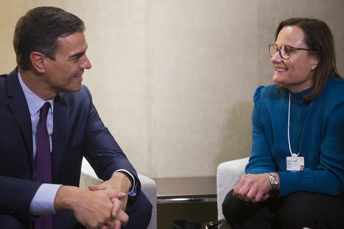 23/01/2019. Pedro Sánchez participa en el Foro Económico Mundial de Davos. El presidente del Gobierno, Pedro Sánchez, y la consejera delegad...