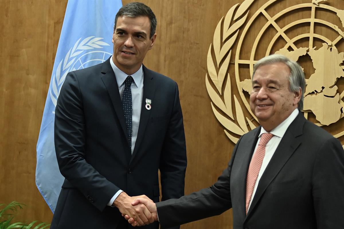 23/09/2019. Reunión Bilateral Secretario General de la ONU. El presidente del Gobierno en funciones, Pedro Sánchez, es recibido por el Secre...