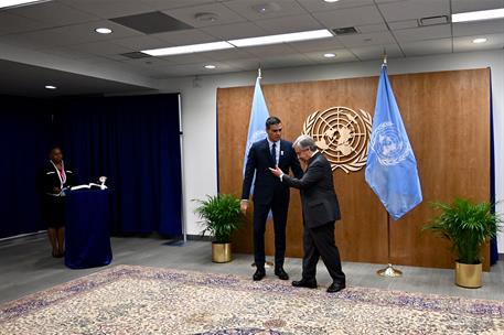 23/09/2019. Reunión Bilateral Secretario General de la ONU. El presidente del Gobierno en funciones, Pedro Sánchez, es recibido por el Secre...