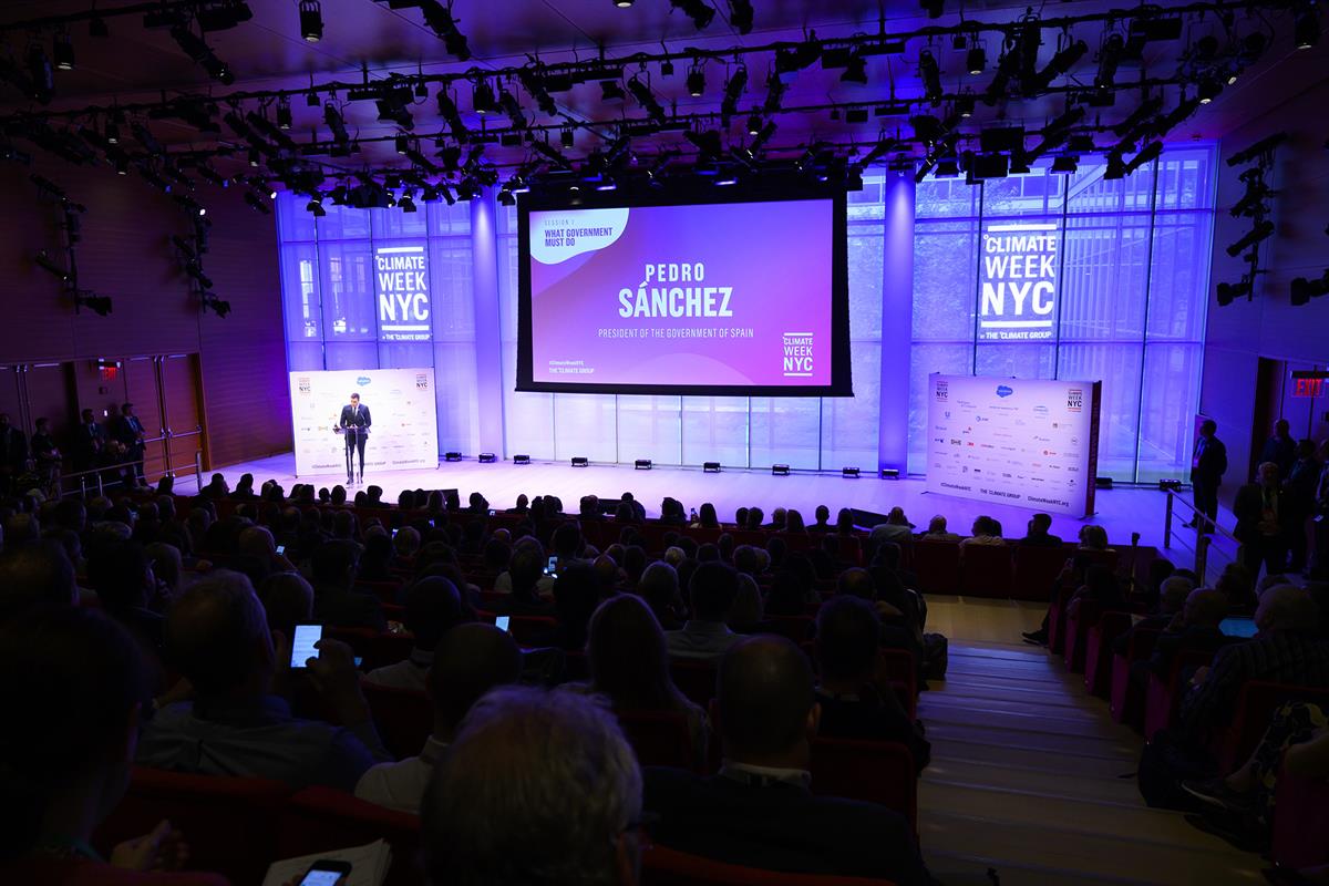 23/09/2019. Sánchez Climate Week. El presidente del Gobierno en funciones, Pedro Sánchez, durante su intervención en la Climate Week en Nueva York.