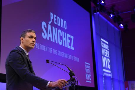 23/09/2019. Sánchez Climate Week. El presidente del Gobierno en funciones, Pedro Sánchez, durante su intervención en la Climate Week en Nueva York.