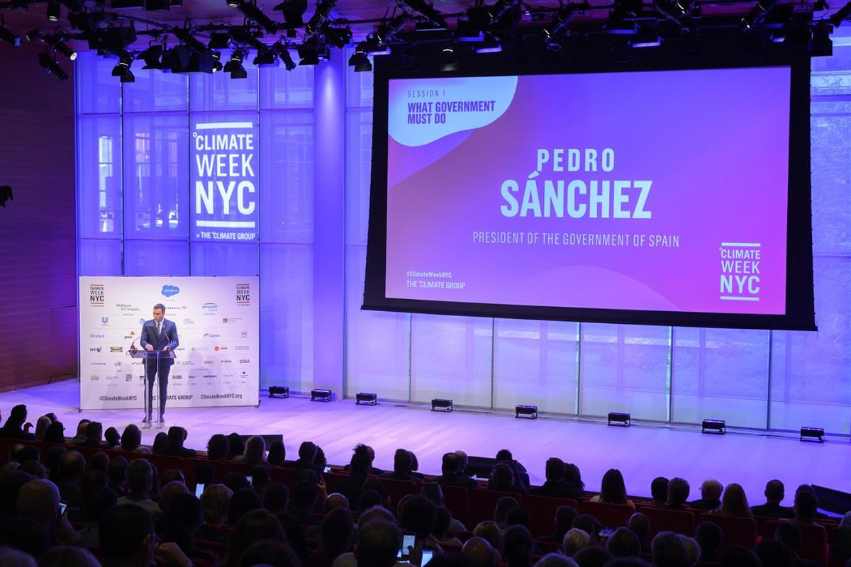 23/09/2019. Sánchez Climate Week. El presidente del Gobierno en funciones, Pedro Sánchez, durante su intervención en la Climate Week en Nueva York.