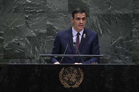 24/09/2019. Intervención de Pedro Sánchez en el 74 periodo de sesiones de la AGNU. El presidente del Gobierno en funciones, Pedro Sánchez, d...