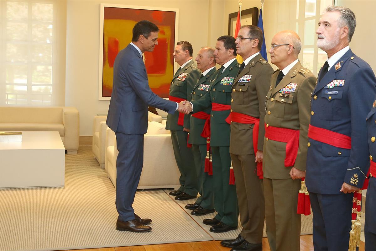 29/07/2019. Sánchez recibe a los oficiales generales de las Fuerzas Armadas y la Guardia Civil. El presidente del Gobierno en funciones, Ped...