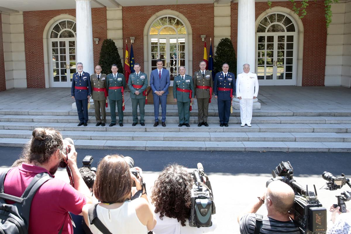 29/07/2019. Sánchez recibe a los oficiales generales de las Fuerzas Armadas y la Guardia Civil. El presidente del Gobierno en funciones, Ped...