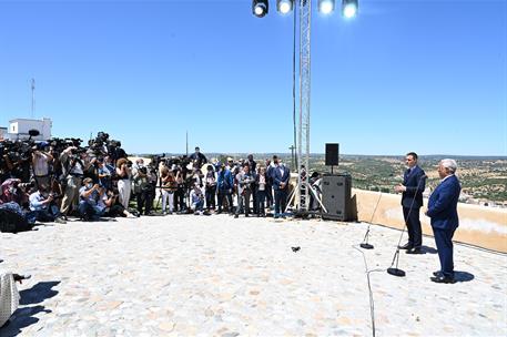 1/07/2020. Pedro Sánchez asiste a la reapertura de la frontera entre España y Portugal, en Badajoz y Elvas. El presidente del Gobierno, Pedr...