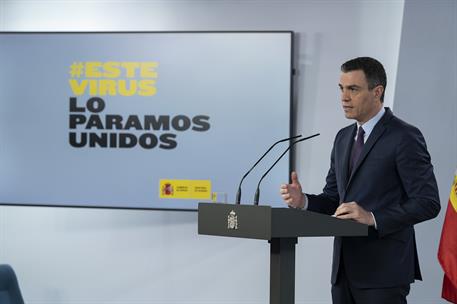 2/05/2020. Comparecencia del presidente del Gobierno. El presidente del Gobierno, Pedro Sánchez durante la rueda de prensa en la que anuncia...