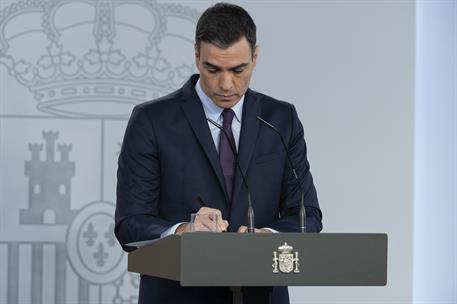 2/05/2020. Comparecencia del presidente del Gobierno. El presidente del Gobierno, Pedro Sánchez durante la rueda de prensa en la que anuncia...