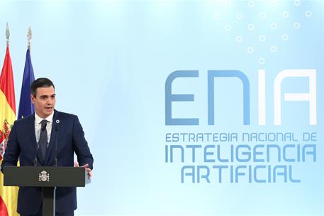 2/12/2020. Pedro Sánchez presenta la Estrategia Nacional de Inteligencia Artificial. El presidente del Gobierno, Pedro Sánchez, durante la p...