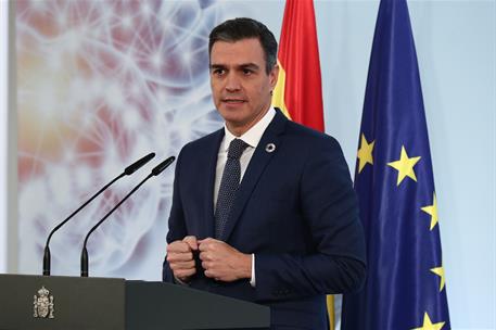 2/12/2020. Pedro Sánchez presenta la Estrategia Nacional de Inteligencia Artificial. El presidente del Gobierno, Pedro Sánchez, durante su i...