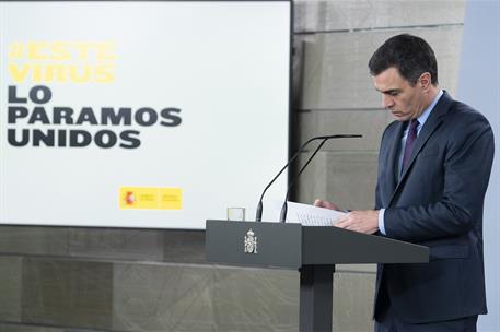 4/04/2020. Comparecencia del presidente del Gobierno. El presidente del Gobierno, Pedro Sánchez, durante la comparecencia en la que anuncia ...