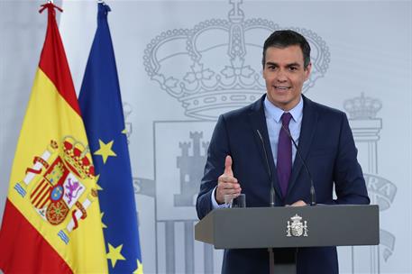 4/08/2020. Comparecencia del presidente del Gobierno, Pedro Sánchez. El presidente del Gobierno, Pedro Sánchez, durante la rueda de prensa e...