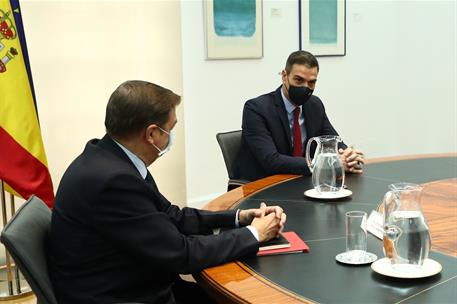 4/11/2020. Sánchez se reúne con representantes de organizaciones profesionales agrarias. El presidente del Gobierno, Pedro Sánchez, charla c...