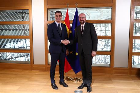 5/02/2020. Pedro Sánchez se reúne con el presidente del Consejo Europeo, Charles Michel. El presidente del Gobierno, Pedro Sánchez, y el pre...