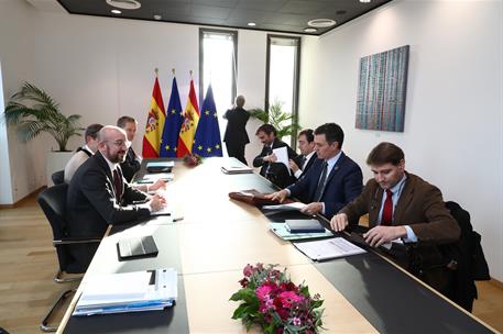 5/02/2020. Pedro Sánchez se reúne con el presidente del Consejo Europeo, Charles Michel. El presidente del Gobierno, Pedro Sánchez, durante ...