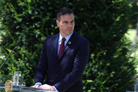 6/07/2020. Pedro Sánchez se reúne con Antònio Costa en Portugal. El presidente del Gobierno, Pedro Sánchez, durante la rueda de prensa que h...