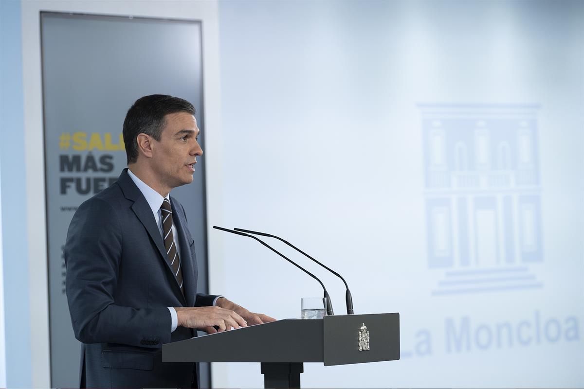 7/06/2020. Conferencia de prensa del presidente del Gobierno. El presidente del Gobierno, Pedro Sánchez, durante la rueda de prensa ofrecida...