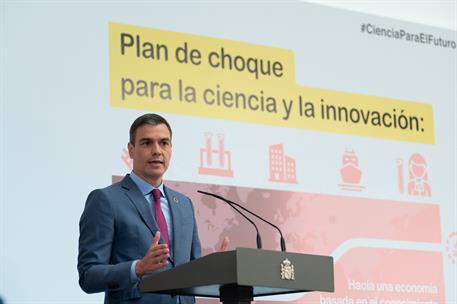 9/07/2020. Sánchez presenta el Plan de choque por la Ciencia y la Innovación. El presidente del Gobierno, Pedro Sánchez, durante la presenta...