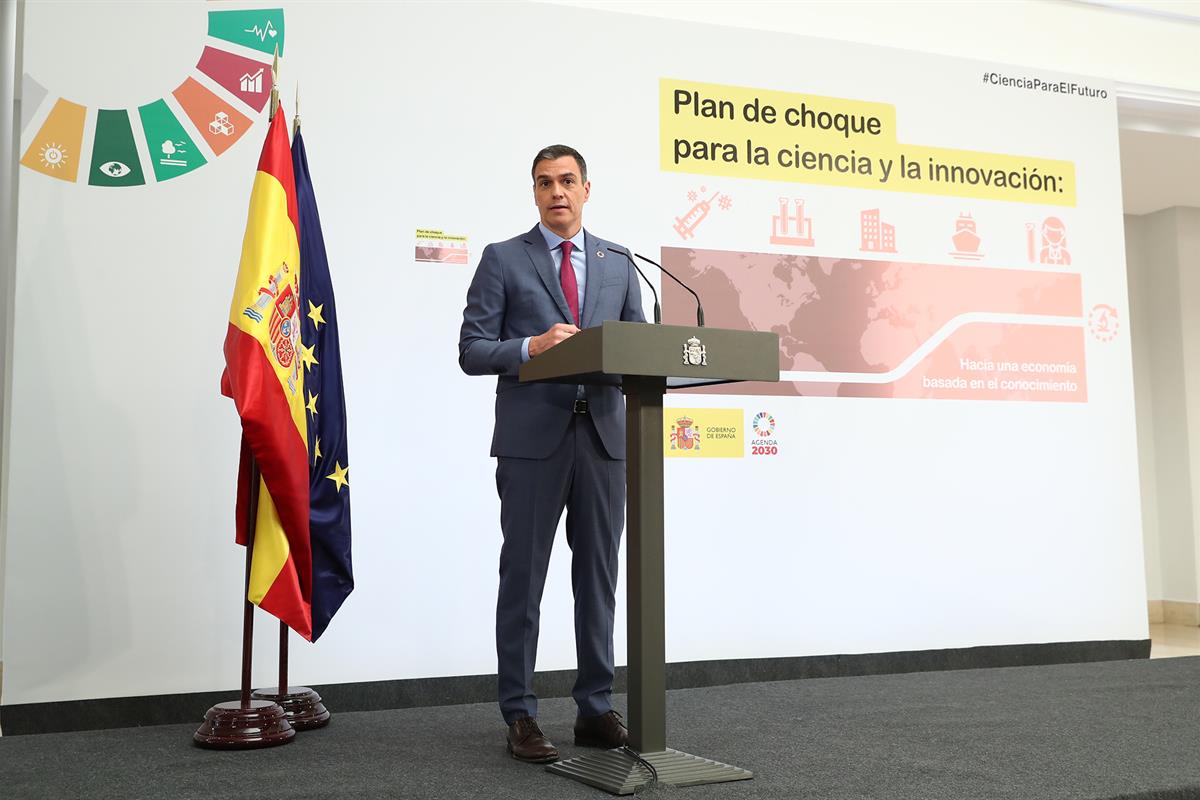 9/07/2020. Sánchez presenta el Plan de choque por la Ciencia y la Innovación. El presidente del Gobierno, Pedro Sánchez, durante la presenta...