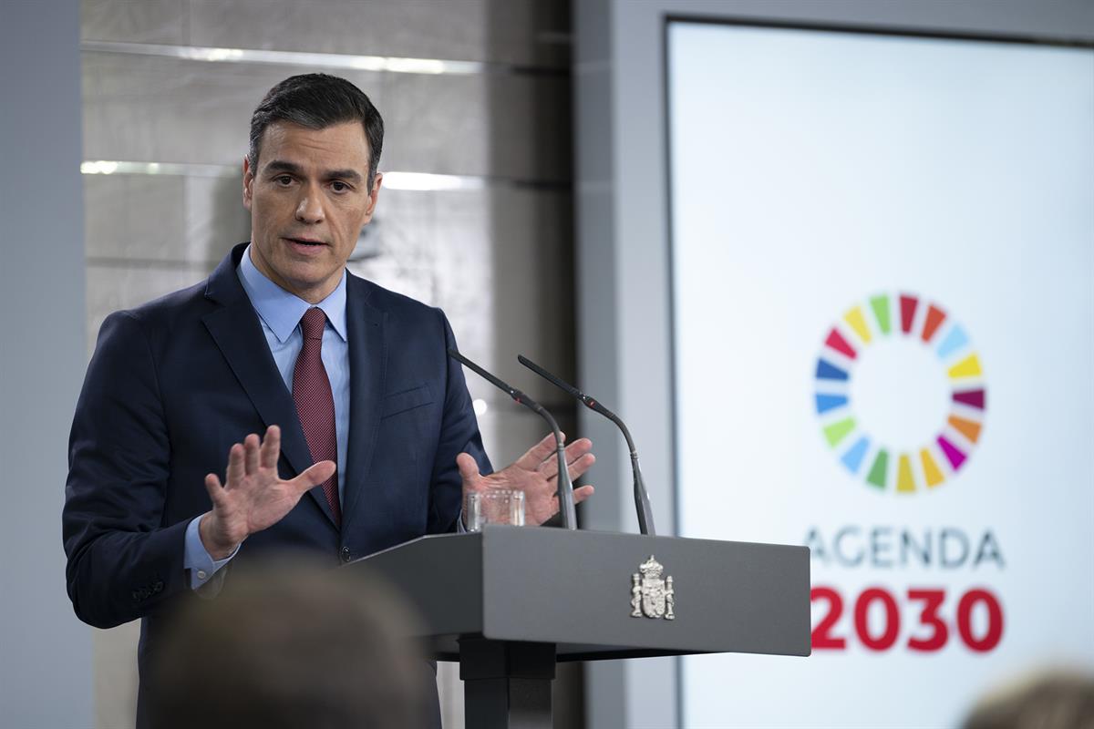 10/03/2020. Comparecencia de Sánchez tras la reunión extraordinaria del Consejo Europeo, celebrada por videoconferencia. El presidente del G...