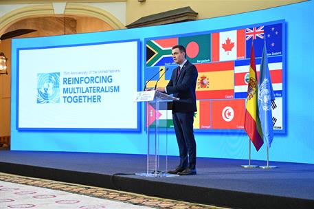 10/11/2020. Sánchez participa en el acto conmemorativo del 75º aniversario de Naciones Unidas. El presidente del Gobierno, Pedro Sánchez, du...