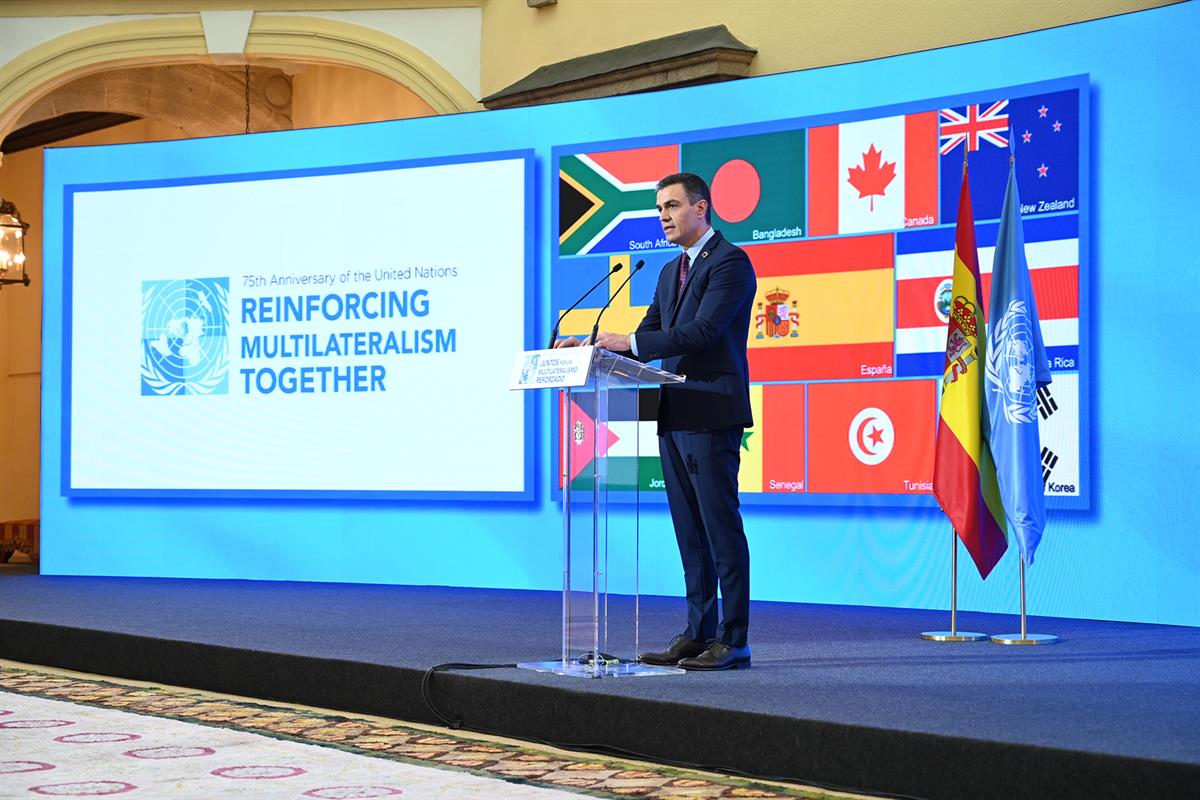 10/11/2020. Sánchez participa en el acto conmemorativo del 75º aniversario de Naciones Unidas. El presidente del Gobierno, Pedro Sánchez, du...