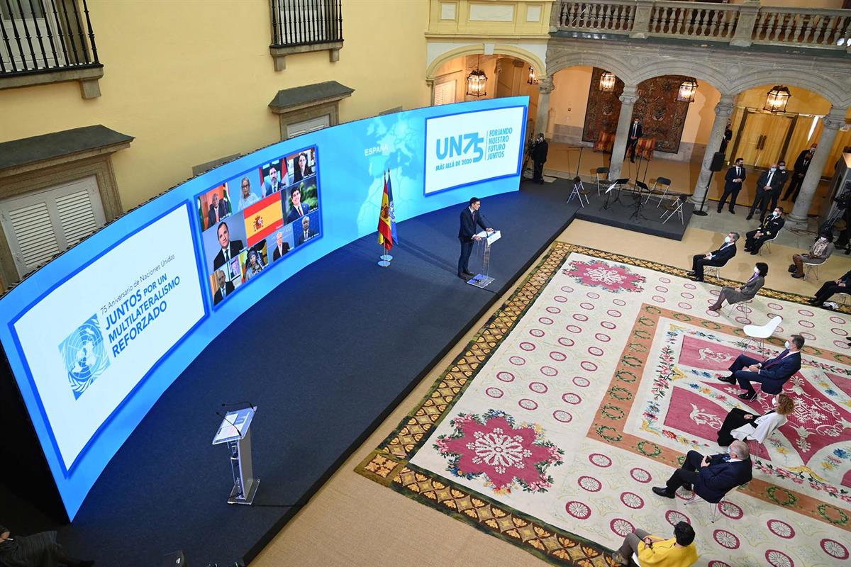 10/11/2020. Sánchez participa en el acto conmemorativo del 75º aniversario de Naciones Unidas. El presidente del Gobierno, Pedro Sánchez, du...