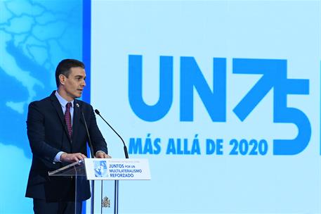 10/11/2020. Sánchez participa en el acto conmemorativo del 75º aniversario de Naciones Unidas. El presidente del Gobierno, Pedro Sánchez, du...
