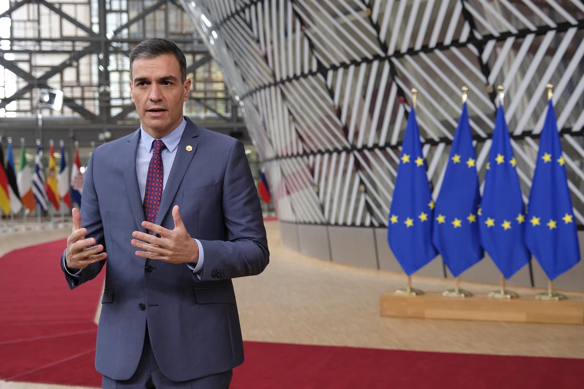 10/12/2020. Sánchez participa en la reunión del Consejo Europeo. El presidente del Gobierno, Pedro Sánchez, realiza unas declaraciones a los...