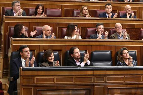 11/02/2020. Proposición de Ley Orgánica de la eutanasia. El presidente del Gobierno, Pedro Sánchez; junto a la vicepresidenta primera y mini...