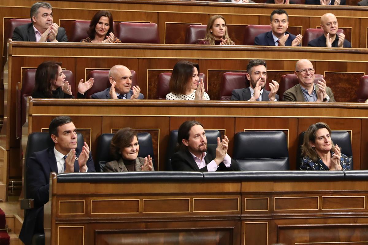 11/02/2020. Proposición de Ley Orgánica de la eutanasia. El presidente del Gobierno, Pedro Sánchez; junto a la vicepresidenta primera y mini...