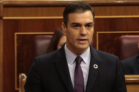 12/02/2020. Sesión parlamentaria de control al Gobierno. El presidente del Gobierno, Pedro Sánchez, en una de sus intervenciones durante la ...