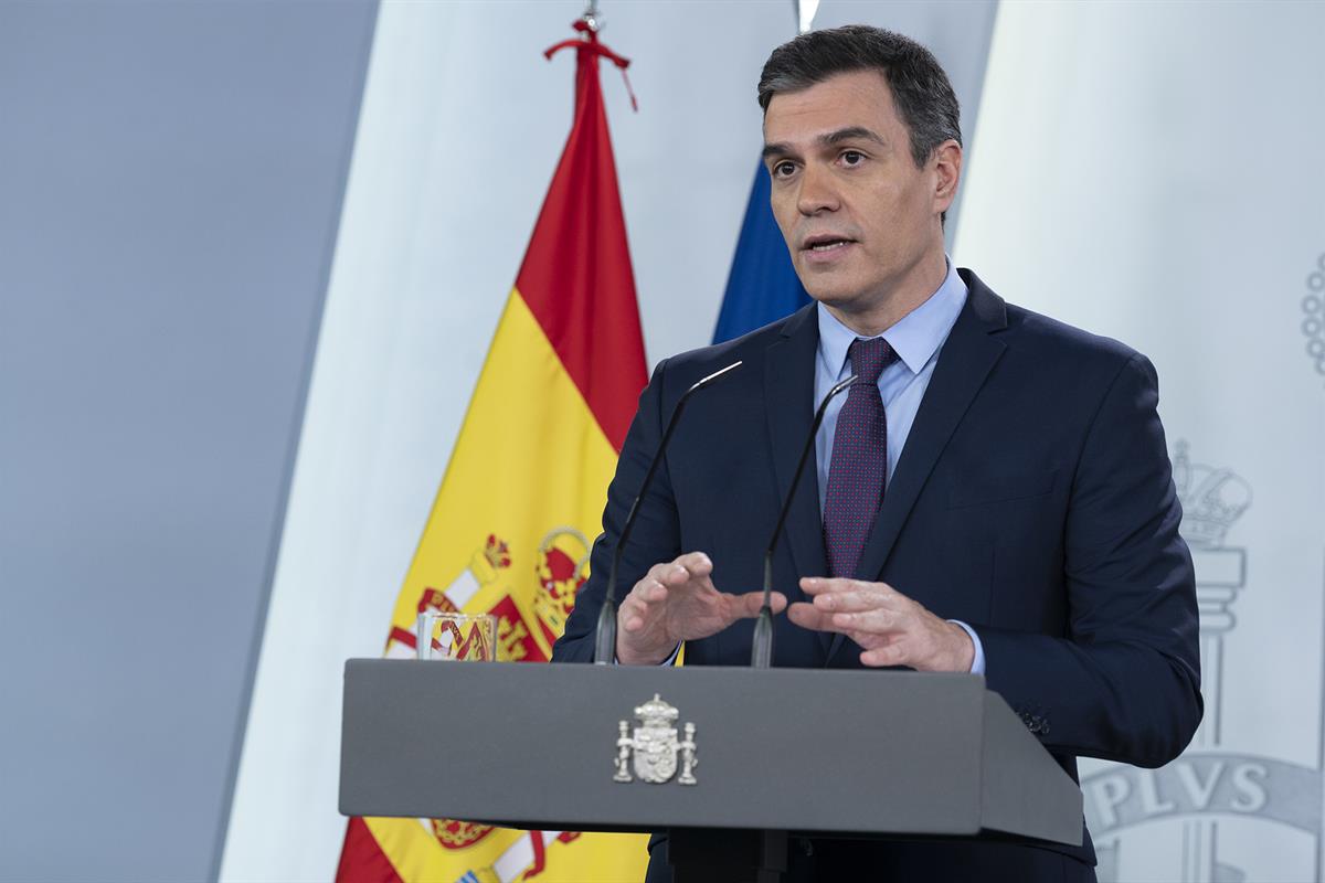 12/04/2020. Comparecencia de Pedro Saánchez tras la reunión telemática con los presidentes autonómicos. El presidente del Gobierno, Pedro Sá...