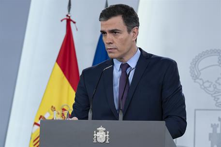 12/04/2020. Comparecencia de Pedro Saánchez tras la reunión telemática con los presidentes autonómicos. El presidente del Gobierno, Pedro Sá...