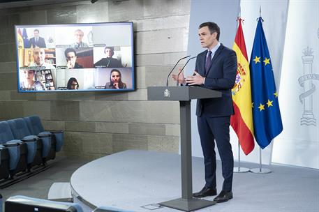 12/04/2020. Comparecencia de Pedro Saánchez tras la reunión telemática con los presidentes autonómicos. El presidente del Gobierno, Pedro Sá...