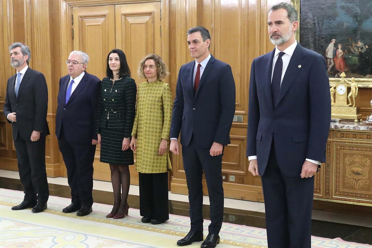 13/01/2020. Toma de posesión del Gobierno presidido por Pedro Sánchez. El rey Felipe VI; el presidente del Gobierno, Pedro Sánchez; la presi...