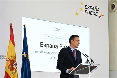 13/11/2020. Viaje del presidente del Gobierno a la Comunidad Foral de Navarra. El presidente del Gobierno, Pedro Sánchez, durante la present...
