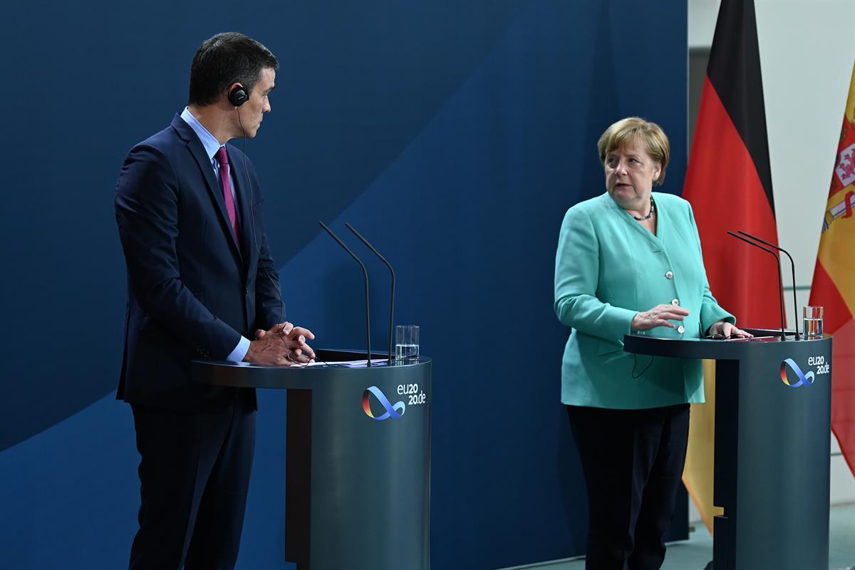 14/07/2020. El presidente del Gobierno se reúne en Berlín con la canciller alemana. ​El presidente del Gobierno, Pedro Sánchez, durante su c...