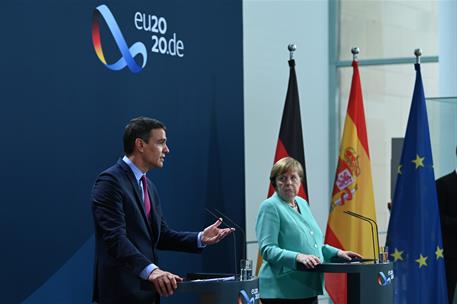 14/07/2020. El presidente del Gobierno se reúne en Berlín con la canciller alemana. ​El presidente del Gobierno, Pedro Sánchez, durante su c...