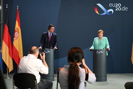14/07/2020. El presidente del Gobierno se reúne en Berlín con la canciller alemana. ​El presidente del Gobierno, Pedro Sánchez, durante su c...