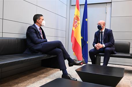 14/12/2020. Pedro Sánchez y el presidente del Consejo Europeo, Charles Michel. El presidente del Gobierno, Pedro Sánchez, durante el encuent...