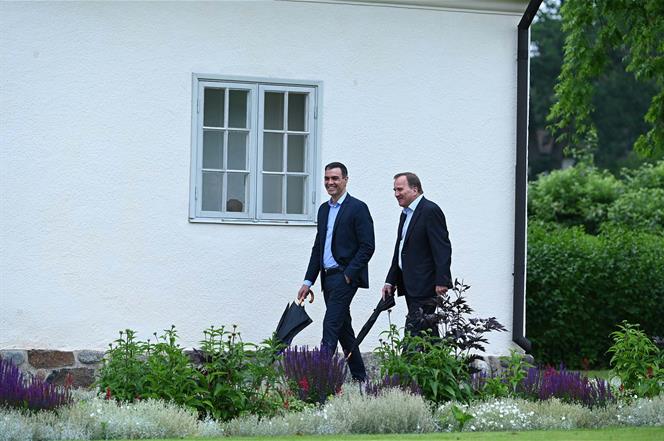 15/07/2020. El presidente del Gobierno, Pedro Sánchez, se reúne con el primer ministro de Suecia, Stefan Löfven. Paseo de presidente del Gob...