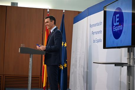 16/10/2020. Pedro Sánchez participa en el Consejo Europeo. El presidente del Gobierno, Pedro Sánchez, durante su intervención tras la celebr...
