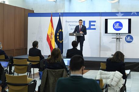 16/10/2020. Pedro Sánchez participa en el Consejo Europeo. El presidente del Gobierno, Pedro Sánchez, durante su intervención tras la celebr...