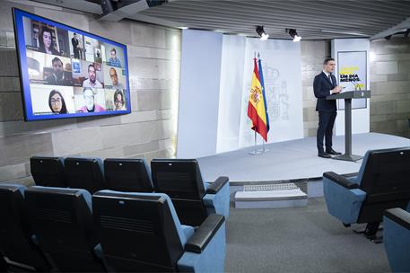 18/04/2020. Comparecencia del presidente del Gobierno. El presidente del Gobierno, Pedro Sánchez, durante su comparecencia ante los medios d...